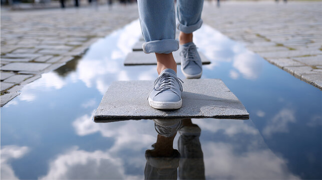 Feet stepping across stones over water puddle
