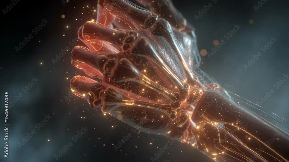 Poster translucent human hand gradually closing, revealing intricate skeletal and nervous system structures