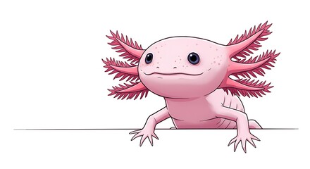 Cute Pink Axolotl Peeking Over Edge Isolated on White