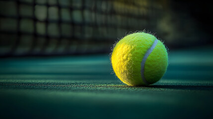 Close up of tennis ball on court, with net in background, captures texture and vibrant color of ball. lighting creates dramatic and focused atmosphere