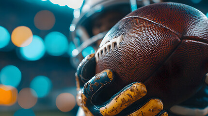 Close up of American football player gripping ball tightly, showcasing determination and focus under stadium lights. scene captures texture of ball and player gloves