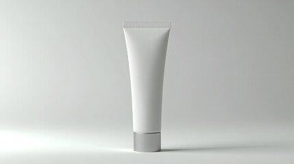 White matte cosmetic tube with silver cap stands elegantly against neutral background, ideal for skincare or beauty product mockups. minimalist design enhances its modern appeal