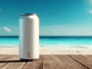 Obraz premium A cold refreshing white drink can sits on wooden table overlooking a serene tropical beach seascape view.