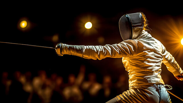 Female fencer in mid action lunges forward with determination, her sword poised for attack under dramatic lighting. scene captures intensity and focus of sport