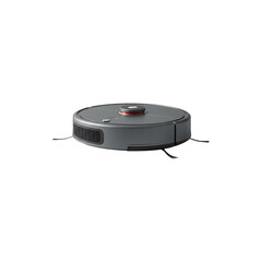 Fototapeta premium Black robotic vacuum cleaner with sensors viewed from the top on white background