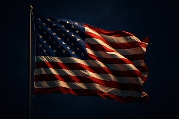 Stars and stripes American flag waving proudly against deep blue patriotic background