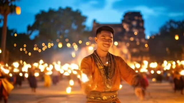 Captivating fire dance festival with ancient ruins and energetic performers