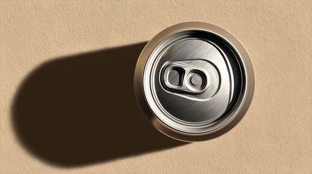 Top down view of a silver beverage can with a dark shadow on a neutral beige colored surface backdrop. - Powered by Adobe