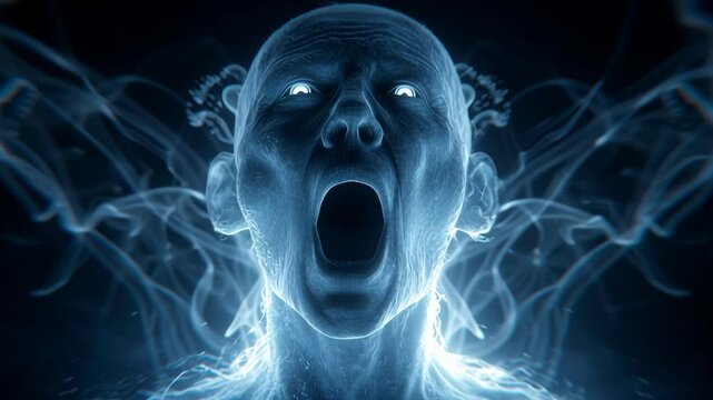 Spectral entity emanating luminescent blue energy from mouth and ears, expressing intense emotional distress against stark black backdrop