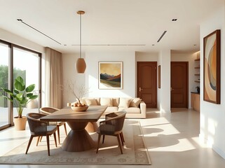 3d japandi open living and dining interior with soft neutral tones and geometric framed art in cozy modern layout