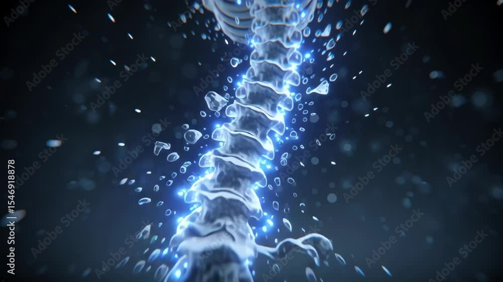 Poster glowing energy particles dynamically flowing along human spinal column, visualizing healing process 