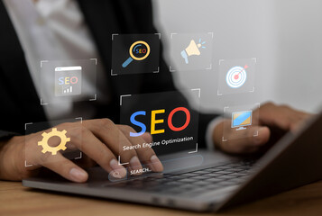 Human with search engine optimization, SEO networking concept, searching browsing Internet data...