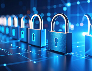 Digital locks shine in futuristic setting, symbolizing security and technology. Their glowing surfaces reflect sense of high fidelity and protection in connected world