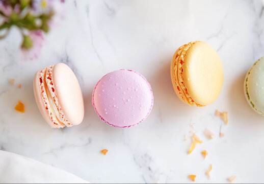 colorful macaroons on a marble counter
