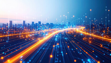 Fototapeta premium Vibrant cityscape illuminated by intricate networks of glowing orange and blue dots, representing data flow and connectivity, creates mesmerizing visual experience