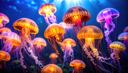Mesmerizing underwater scene reveals vibrant display of jellyfish, their bioluminescent bodies glowing shades of orange and purple. gentle movement creates serene atmosphere, inviting viewers into