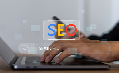 Human with search engine optimization, SEO networking concept, searching browsing Internet data...