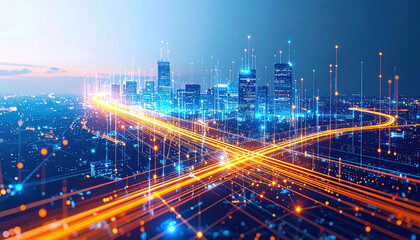 Vibrant cityscape illuminated by intricate networks of glowing orange and blue lights, showcasing dynamic flow of data and energy in urban environment
