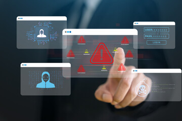 Cybersecurity threat and system warning with people, alert for malware, hacker attacks, data breach...