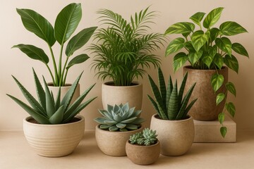 Curated collection of houseplants in artisanal ceramic containers for modern botanical interior design
