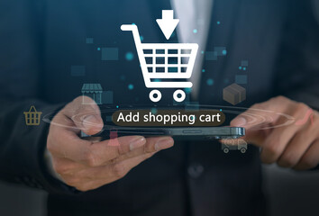 E-commerce concept with add to cart, online shopping with smartphone and laptop, digital marketing strategy, online platform user interface, modern retail, mobile commerce digital consumer behavior