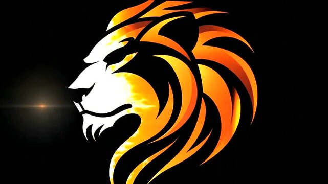 Fierce lion head graphic, stylized in orange and black