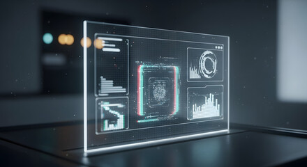 Futuristic Holographic Data Interface with Digital Charts and Graphs in Dark Technology Environment
