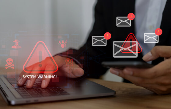 Email warning alerts about phishing threats, email spam and virus attachments on smartphone, cybersecurity awareness, SaaS protection, security solutions and data privacy for safe online communication - Powered by Adobe