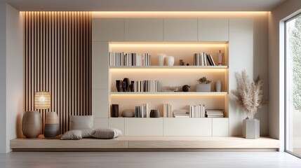 Modern shelf with books, vases and warm light in cozy natural interior.