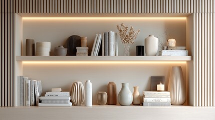 Shelf with books, candles and vases in neutral home interior decor.