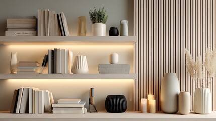 Books, candles and vases with wood textures on decorative home shelf.