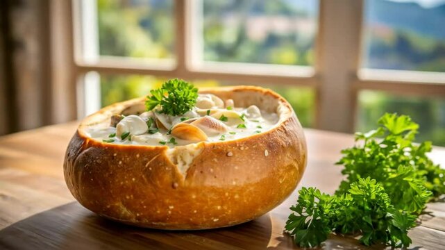 Creamy clam chowder served inside a toasted bread bowl with a side garnish