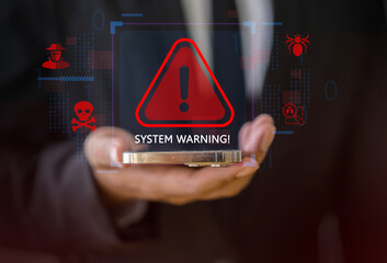Cybersecurity threat and system warning over phone, alert for malware, hacker attacks, data breach...
