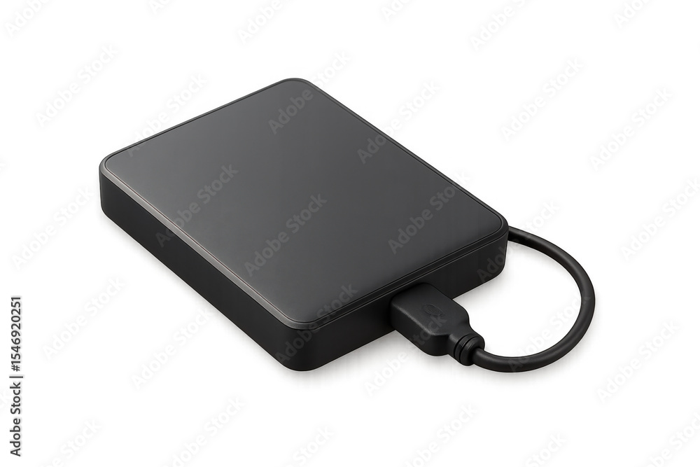 Poster external hard drive connecting with usb cable, isolated on transparent background, ideal for data st