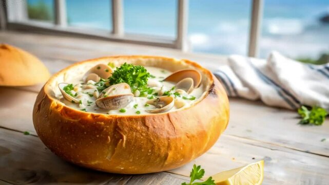 Delicious clam chowder in a bread bowl near a scenic ocean view restaurant