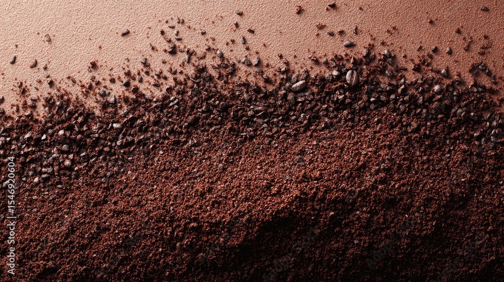 Poster instant coffee heap spread across clean surface, viewed from above in warm monochrome contrast
