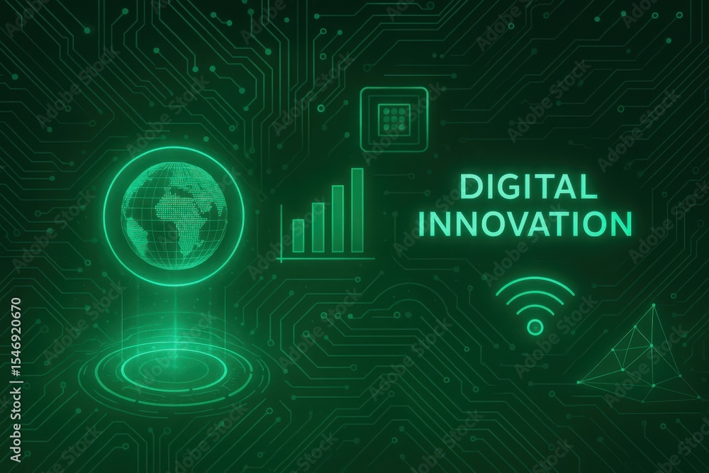 Poster futuristic technology banner with emerald green circuit patterns and digital innovation elements