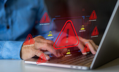 Cybersecurity threat and system warning over laptop, alert for malware, hacker attacks, data breach...