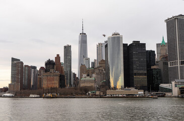 Aerial view of Manhattan skyline with skyscrapers and waterfront