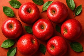Fresh red apples with dewdrops arranged in artistic pattern creating healthy fruit background for nutrition themes