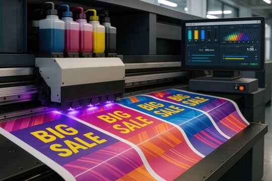 High-tech digital printing equipment producing large-format marketing materials in modern print shop