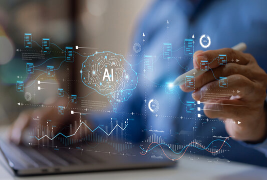 Ai technology concept with artificial intelligence chatbot and generative smart system, robotic, deep learning network, digital assistant, machine learning, algorithm, innovation and data processing