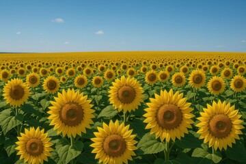 Fototapeta premium Giant sunflower field stretching to horizon with brilliant yellow petals under summer sky