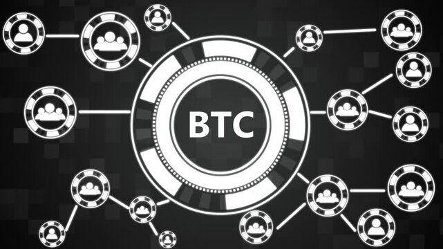 Businessman pressing button bitcoin online network icon, communication network Business people social network and business connections