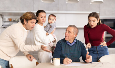 Family members giving advice to old man and discussing inheritance