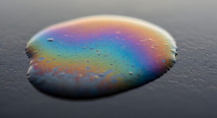 Colorful Oil Drop on Dark Surface with Iridescent Reflection