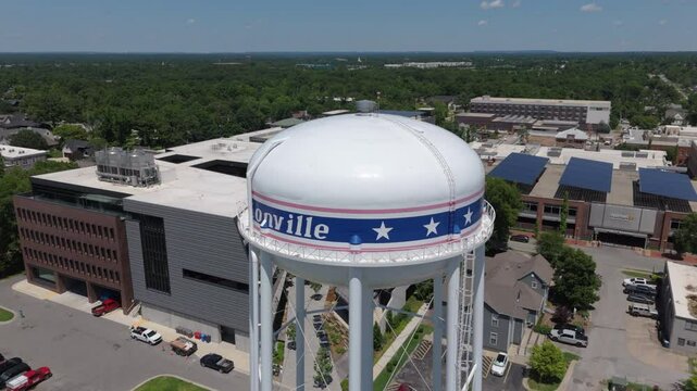 orbiting iconic water tank in Bentonville Arkansas