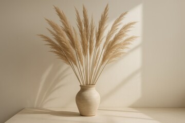 Minimalist dried pampas grass arrangement in ceramic vase against soft beige textured wall