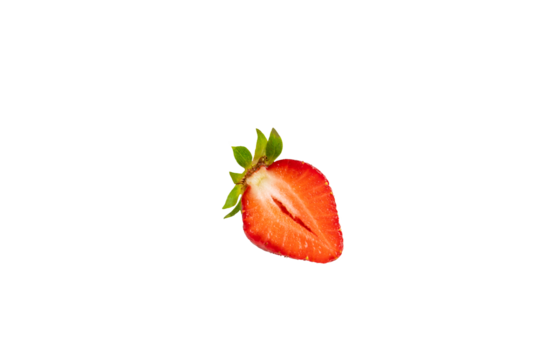 Half strawberry with leaves – PNG, top view, isolated on transparent background