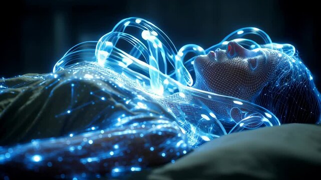 Luminous blue energy spiraling around sleeping woman. Radiating ethereal light from her body while lying peacefully. Suggesting profound meditative or dream state transcending physical consciousness